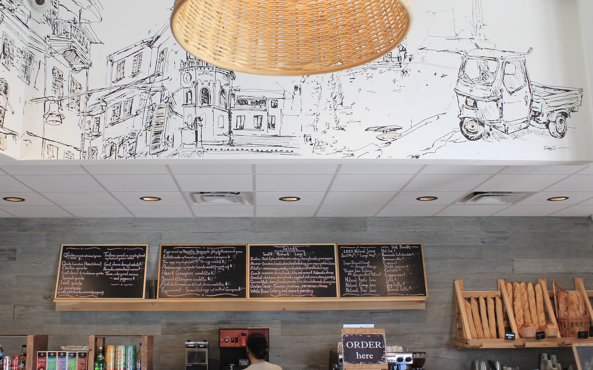 Café Crème Miami Restaurant - view of the ceiling decorated with drawn black and white buildings, design by Beatrice Leupold Café Crème Miami Restaurant - view of the ceiling decorated with drawn black and white buildings, design by Beatrice Leupold